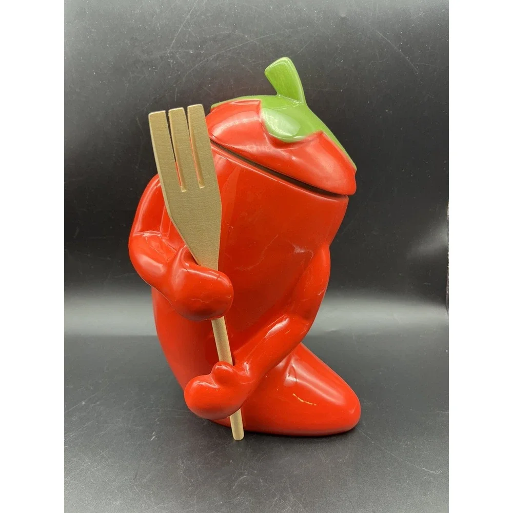 Red & Green Chili Pepper Cookie Jar/Canisters With Arms And Lid 10.75